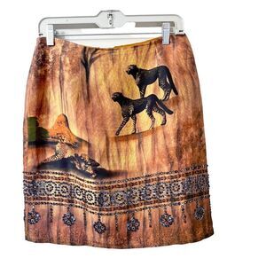 Vtg Y2K Silk Club Womens Tan Orange Pencil Silk Skirt 8P Animal Print Sequin
